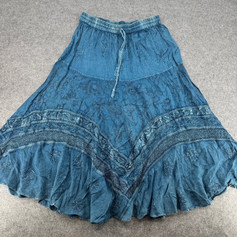 Soho Clothing Co Blue Acid Wash Embroidered Boho Maxi Skirt Crochet Lace Tiered
